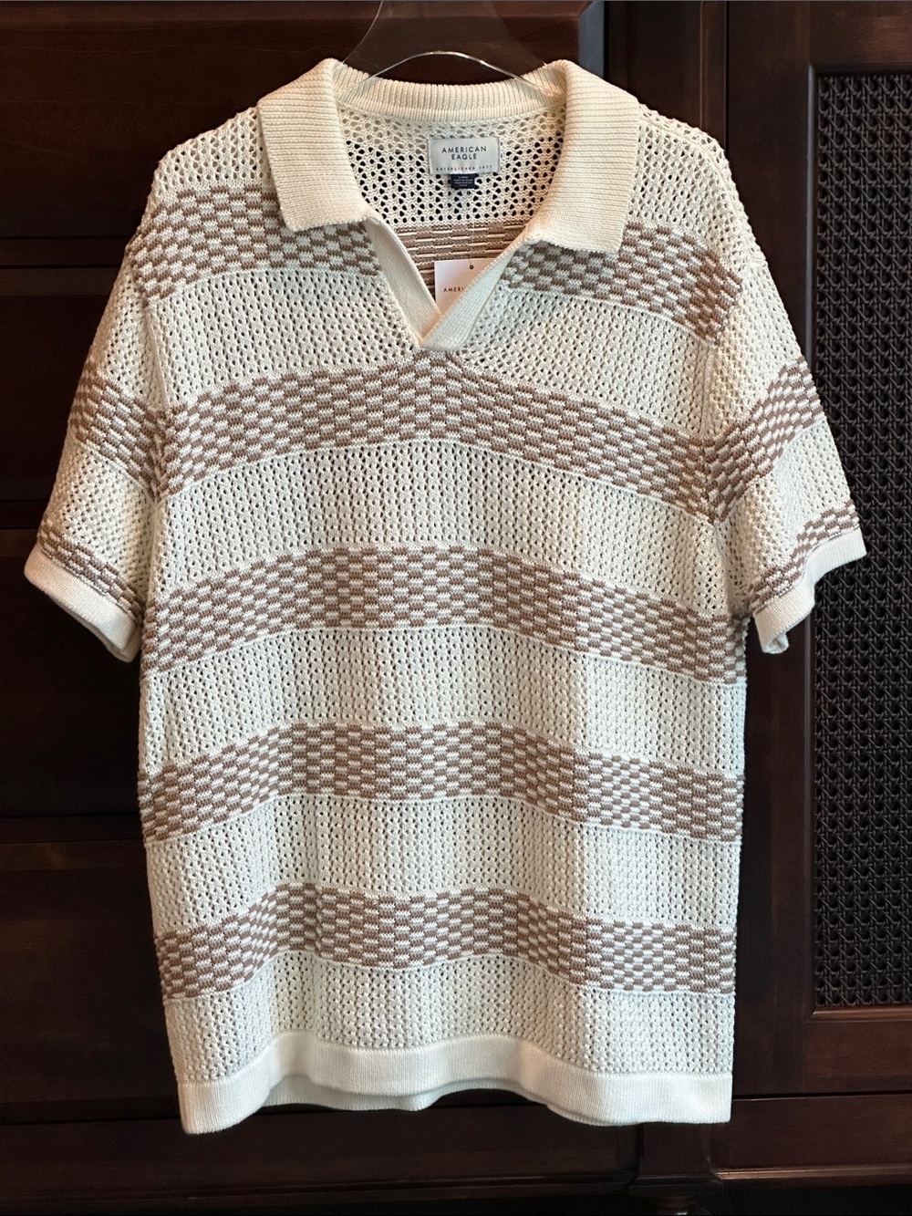 AMERICAN EAGLE OUTFITTERS Weekend Striped Polo Shirt Cotton Cream/Tan LARGE NWT
